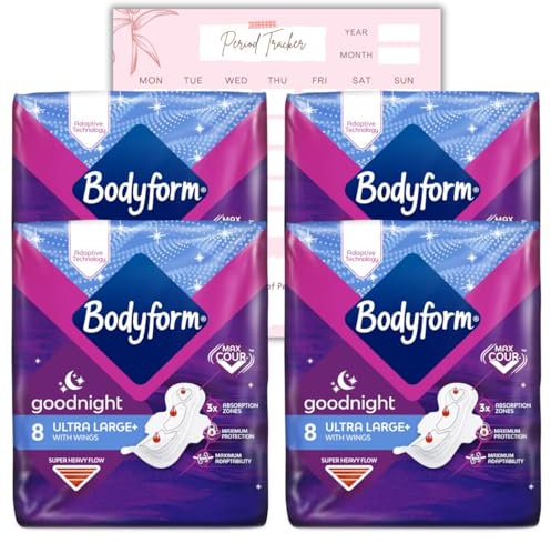 Body Form Ultra Goodnight Sanitary Towels with Wings, 32 (8 x4 Packs) Period Pads for Night use, Super Heavy Flow, Cour-V Ultra Night with Caliko Period Tracker