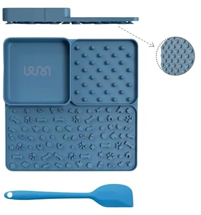 PAWMERCE 3-in-1 Licking Mat for Cats and Dogs - Slow Feeder & Anxiety Relief, Silicone with Suction Cups, Peanut Butter Spatula Included. Promotes Dental Health & Mental Stimulation (Blue)