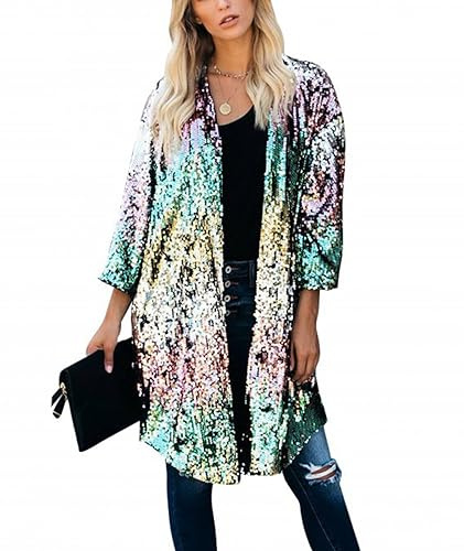SEMATOMALA Women's Sequin Open Front Long Blazer 3/4 Sleeve Sparkly Duster Cardigans Glitter Shiny Party Clubwear Festival Outfits MC-L Multicolored