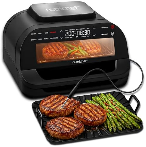 NutriChef Indoor Smokeless Grill and Air Fryer Combo, 7-in-1 Electric Grill with 6L Capacity, Includes Smart Thermometer, Temperature Control, Non-Stick Removable Plates For Frying, Roasting, and More