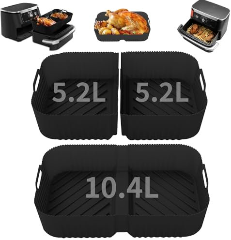 Anttyscar Air Fryer Liners Silicone for Ninja Flexi Drawer Air Fryer,2In1 AF500UK Accessories Reusable Air Fryer Accessories Large Air Fryer Inserts, 1X10.4L and 2x5.2L (3 Packs- Black)