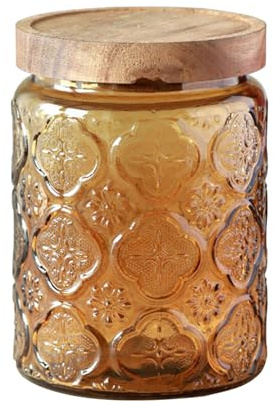 Jarsense Glass Jar 700ml with Wooden Lid, Yellow, Cylindrical, Food Grade Storage Jar for Coffee Bean, Tea Leaf, Begonia Pattern