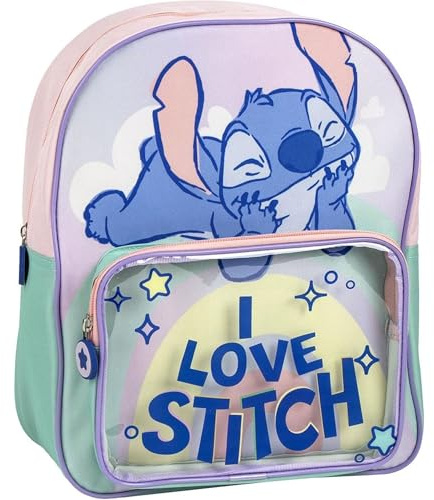 Sac à dos Disney Stitch original pour enfants, motif arc-en-ciel et poche transparente | Sac à dos d'école Stitch résistant pour les enfants d'âge préscolaire et primaire.