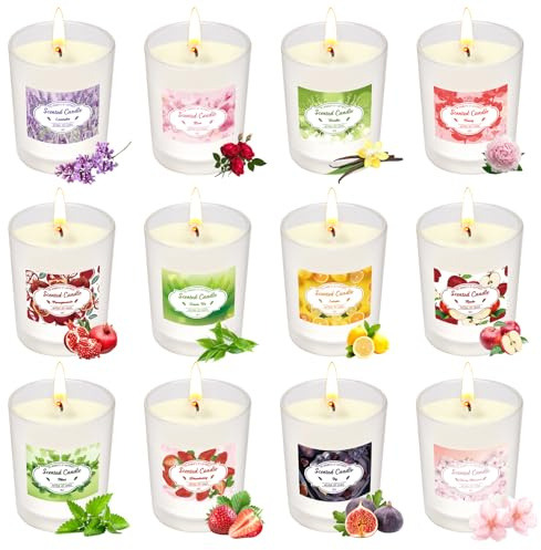 Juego de velas perfumadas en vaso de Navidad, juego de regalo, 12 velas perfumadas para mujeres, con 180 horas de combustión prolongada y cera de soja, juego de pequeños regalos para mujeres