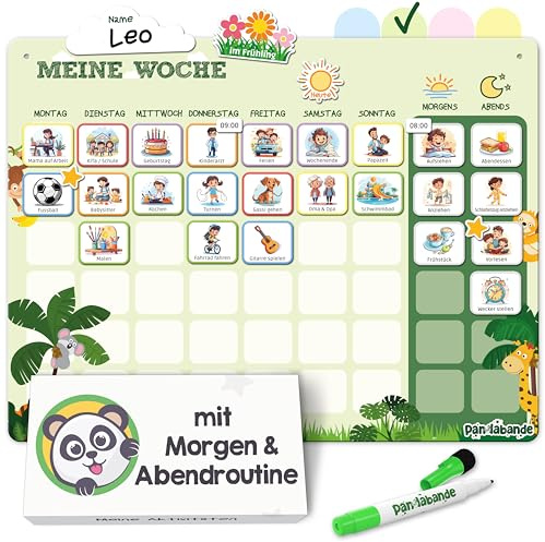 PANDABANDE 2-in-1 Routine & Wochenplaner Kinder mit 200 Magnete &Sortierbox | Montessori Routine Planer Kinder für mehr Selbstständigkeit - Magnetischer Wochenplan mit Morgenroutine & Abendroutine