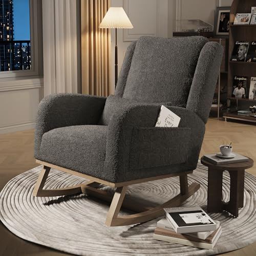 Gungstol, loungefåtölj med vadderad kudde, sidoficka och armstöd, gungstol av teddy velvet, amningsstol, gungstol för vardagsrum, sovrum, balkong, grå