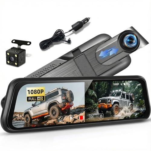 OiLiehu 9.66 IPS Mirror Dash Cam, Smart Rear View Mirror Camera, 1080P+480P Dash Cam Front and Rear, Night Vision, Parking Assist, Loop Record, Exposure Compensation