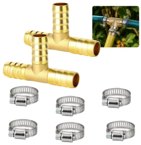 2 Piezas Conector en T de Latón 3/4 Pulgadas 19mm 3 Vías, Conector de Manguera con Abrazaderas de Acero Inoxidable, Pieza en T Accesorio para Agua Aire Gas Aceite Combustible