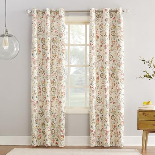 Sun Zero Jorah Botanical Print Thermal Insulated Energy Efficient Grommet Curtain Panel, 40 x 84, Linen