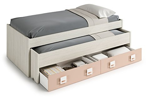 Dmora - Letto per bambini Fairfield, Struttura letto per cameretta, Letto singolo con lettino estraibile, 199x96h65 cm, Bianco e Rosa