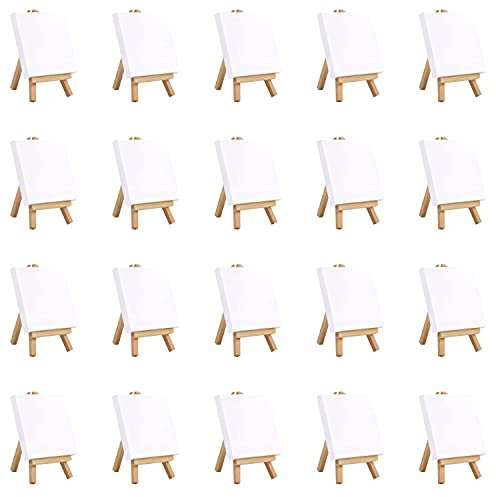 Belle Vous Set di 20 mini cavalletto in legno con tela da dipingere – L10 x L10 cm – Tela Vergine pre-estesa e predisposta – Cavalletto da tavolo per pittura a olio e acrilico e disegno
