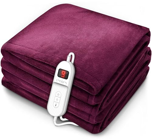 sinnlein® Calienta Camas | Manta Eléctrica 180 x 130 cm Burdeos | con Desconexión Automática y Temporizador | 9 Niveles de Temperatura | Pantalla Digital | Lavabale hasta 40°C