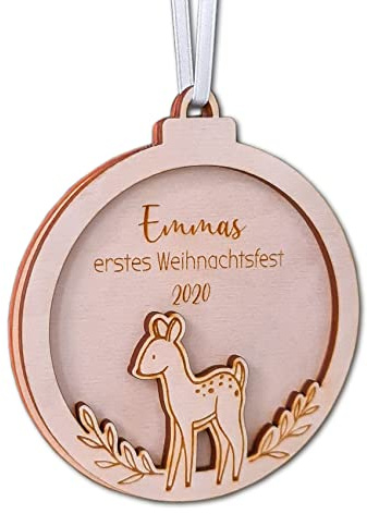 Mein erstes Weihnachten Kugel - Personalisierte Kinder & Baby Weihnachtskugel aus Holz mit Name und Reh-Motiv