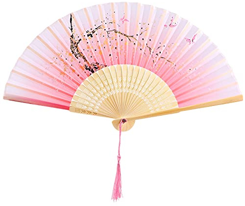 Yukiyi Handfächer für Damen, faltbar, Bambus-Fächer mit Quaste, Seidenstoff, Wanddekoration, Hochzeit, Party (Rosa)