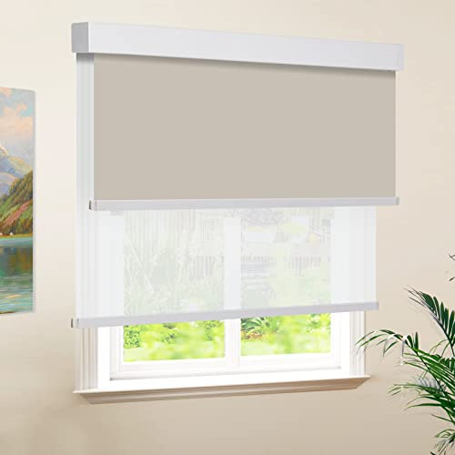 Dual Roller Shades Window Blinds, Khaki Double Blinds Blackout and Light Filtering Shades with Valance, Day and Night Window Shades for Home