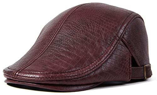 BOTOWI Herren Schaffell Ballonmütze Gatsby Ivy Hut Fahren Cabbie Hut Herbst Winter Echtes Leder Jagd Angeln Hut,Burgundy,XL(57~59cm)
