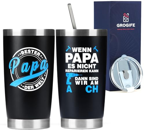 Grogife Thermobecher Geschenk für Papa Männer, Edelstahl 600ml | Lustiges Geburtstagsgeschenk für Papa von Tochter oder Sohn, Kaffeebecher to go, Bester Papa Geschenk, Thermotasse