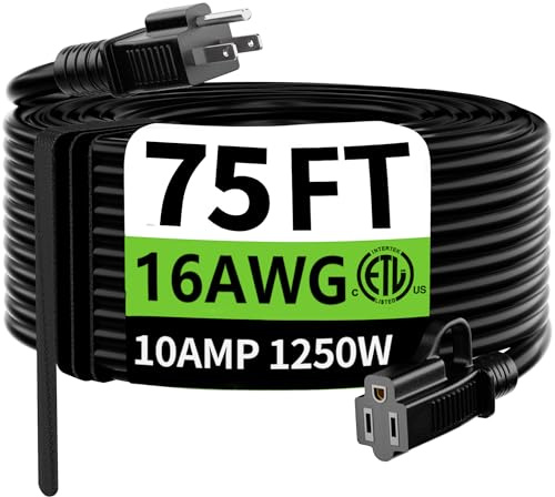 HUANCHAIN Indoor Outdoor Black Extension Cord 75 FT Waterproof 16/3 Gauge