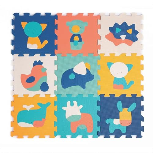 LUDI - Tapis Dalles Animaux - Puzzle Géant - 9 Dalles en Mousse - Dès 10 Mois - Éveil Bébé - Développe Le Bien-Être, Le Toucher, La Découverte & La Réflexion - 90 x 90 x 1,2 cm