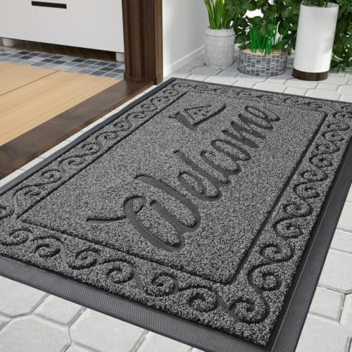 Yimobra welcome door mat, Heavy Duty Sturdy Front Mats for Home Entrance Outdoor Indoor,Non Slip Backing, Exterior Mats for Outside Patio Porch Farmhouse, Black Gray, 81 x 120 cm