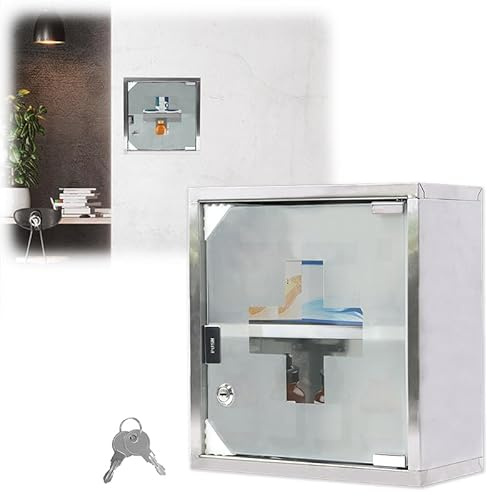 YUENFONG 2 Fächer Medizinschrank aus Edelstahl, Arzneischrank Abschließbar Apothekerschrank mit Glas Tür - Einlegeboden, Medikamentenschrank mit 2 Schlüsseln, 30 x 12 x 30 cm