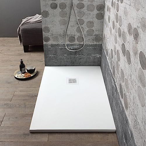 Kiamami Valentina - Piatto Doccia Resina 90x70 | Antiscivolo | Tagliabile | Effetto Pietra | Griglia Copripiletta Inclusa | Installazione Filo Pavimento, Bianco, 70x90 CM