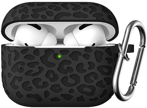 Easuny Graverat fodral kompatibelt med AirPods Pro 2 fodral 2022, silikonskyddsfodral för Apple AirPods Pro 2:a/1:a generationen, stöttåligt fodral med karbinhake [främre LED synlig], leopard svart