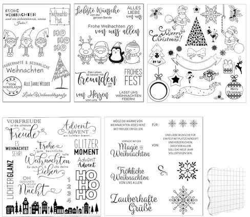 Ruikdly Silikonstempel Weihnachten, 5 Blätter Stempel Weihnachten Transparente Clear Stamp, Silikonstempel Set mit Acrylplatte, Gnom, Segen, Schneeflocke für Kartenherstellung und DIY Scrapbooking