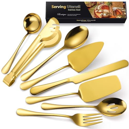 AARAINBOW Large Serving Utensils Set, 8 Pcs Metal Serving Cutlery Set for Parties, Stainless Steel Spoons Fork Tong Ladle for Buffet Catering, Hostess Chefs, Matte Gold