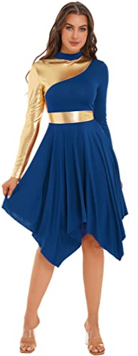 TiaoBug Vestido Brillante de Ballet para Mujer Disfraz de Danza Cristiana Vestido de Tul Asimétrica Vestidos Baile de Salón Contemporánea Azul L
