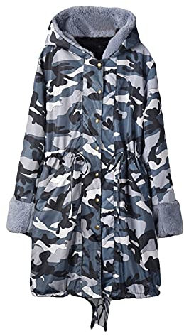 Plüschmantel Damen Daunenweste Damen Kurz Steppjacke Damen Leicht Lang Daunenmantel Frauen Elegant Faux Pelz Camouflage Drucken Lang Mantel Mit Kunstpelzkragen Warm Fellmantel Mit Tasche (Grau, Xl)