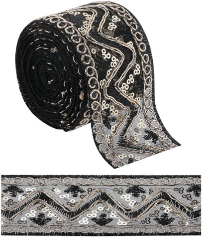 GORGECRAFT 10 Yards Metallisches Spitzenband 5cm Ethnische Vintage-Glitzer-Pailletten Stickereibänder Wellenmuster Gewebter Stoff Spitzenbordüre Kantenbesatz Für DIY Nähen Heimdekoration Schwarz