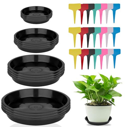 RYAN Platillos para Plantas,16 Piezas Plástico Platillos para Macetas con Etiqueta de 21 Piezas,12/16/18/21 cm 4 Tamaños,Platos para Macetas Redondas Aptos para Uso Interior Y Exterior