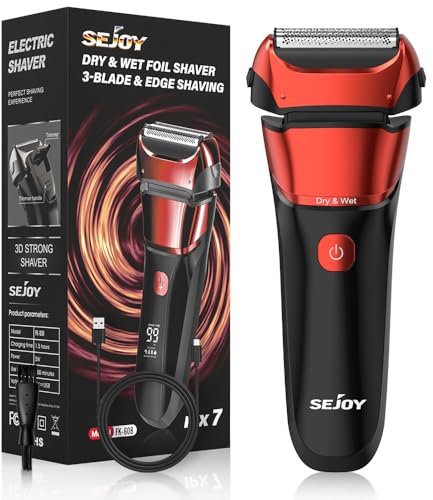 Sejoy Elektrischer Rasierer für Männer, Nass- & Trockenfolienrasierer mit 3-Klingen- & Kantenrasierbereich, 7500 U/min Hochgeschwindigkeitsmotor, Digitale Leistungsanzeige, IPX7, Folienrasierer Herren