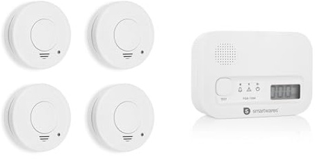 Smartwares Rauchmelder - 10 Jahren Lebensdauer - TÜV geprüft- DIN EN 14604 Zertifiziert - 10.100.41-4er Pack & Kohlenmonoxid melder, 10 Jahre Sensor, mit Display und Testknopf - FGA-13041