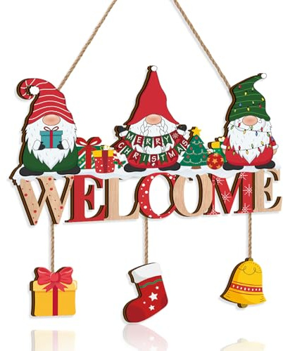 ANHUIB Weihnachtsdeko Holzschild,Willkommensschild,Welcome Schild Holz,Weihnachten Tür Hängende Dekorationen,Holz-Aufhänger für Weihnachten Türschild aus Holz für Tür Fenster oder Wand Christmas Sign