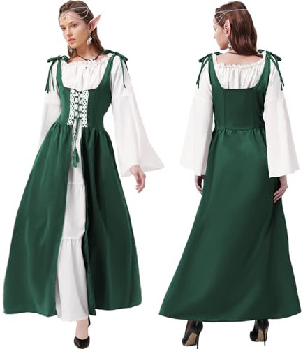 Joellfuner Mittelalter Kleid Damen, Renaissance Korsett Kleid Damen mit Trompetenärmeln, Mittelalter Kostüme Damen mit Elfenohren, Blumenkranz, Kette, Kopfschmuck für Karneval
