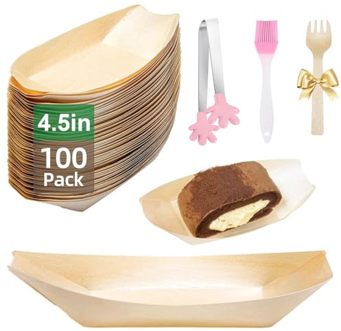MOAZIFI Lot de 100 bols à amuse-bouches et 100 fourchettes, bols à collation, bols à saucisse au curry, assiettes jetables en bambou, bols en bois, bols à frites, bols à collation, vaisselle jetable