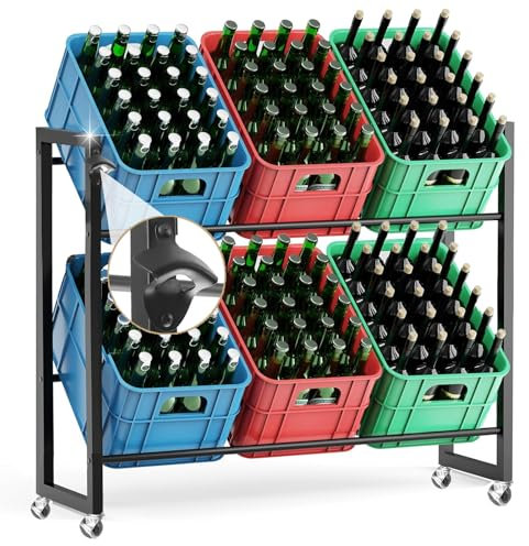 Nivadeui Getränkekistenregal für 6 Kisten, Getränkeregal aus Metall, Kistenregal mit Rollen und Flaschenöffner, Getränkekistenhalter für Stabiles und Platzsparendes