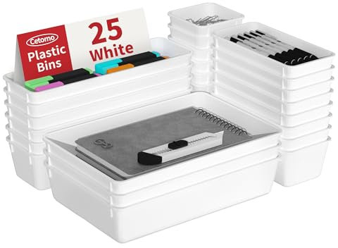Cetomo Juego de 25 organizadores de cajones, organizador de cajones de almacenamiento de plástico, separadores de cajones, ajustable y expandible, bandeja contenedor para utensilios de cocina,