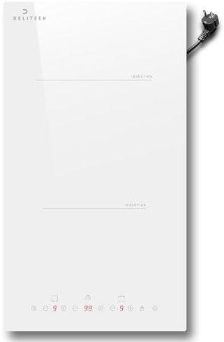 DELITEER Placa induccion 2 fuegos Blanco con enchufe, 3500W, Integrada, Control Deslizante, Temporizadores，9 Niveles de Potencia, Cierre de Seguridad，Boost