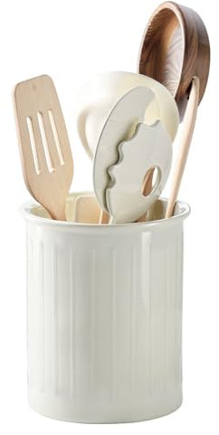 PAVSTINE Kitchen Utensil Holder Ceramic for Countertop, 5.3 x 4.3 inches Cutlery Holder, Relief Utensil Pot, Utensil Crock Holder for Kitchen Counter Storage, Glossy Glaze, White