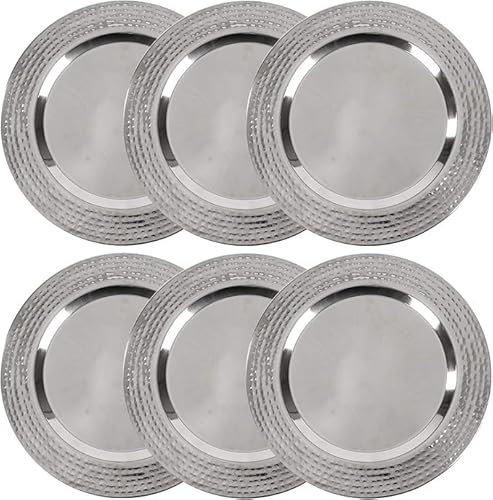 Bonito Home Stainless Charger Plate - 6 Pack - 13 inch Round Stainless Steel Chargers for Dinner Plates with Hammered Rim - Silver Charger Plates Set