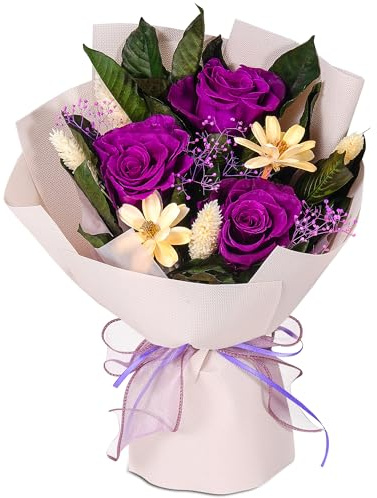 Lovionus89 Amore eterno – Bouquet di fiori conservati, rose naturali e durevoli come decorazione per San Valentino, festa della mamma, compleanno e anniversario, viola