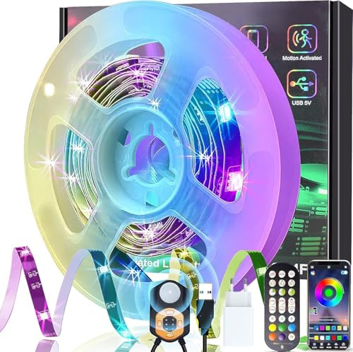 Meiyue LED Strip Bewegungsmelder 3M, RGB LED Streifen mit PIR Bewegungssensor, Fernbedienung & APP Steuerung, 3 Modi, Musik Sync Bluetooth RGB LED Streifen für Bet,Treppen,Schlafzimmer