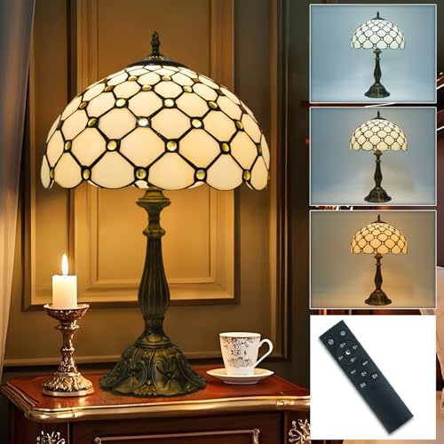 Ppbmocw Tiffany Style Lamp,Stained Glass Table Lamp for Living Room,Bedside,Bedroom,Nightstand,12 Inch Small Vintage Lights Included E27 Bulb with Remote Control (Pure White Glass Beads)
