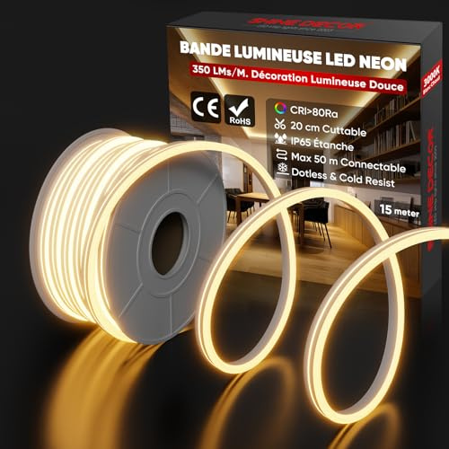 Shine Decor Neon LED Streifen 15m, AC 230V IP65 Wasserdicht LED Band, 120 leds/m Flexible LED-Neon Lichterketten für Home Decoration Küche Garten Beleuchtung (15M, Warmweiß, CE Zertifiziert)