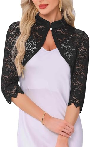 Allegra K Elegante Bolero in Pizzo per Donna con Maniche A 3/4 E Cardigan in Pizzo Floreale Trasparente Nero M