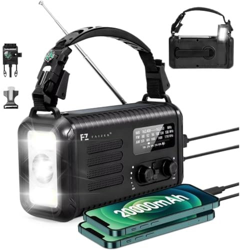 Wind Up Solar Radio, Emergency Radio, Portable Hand Crank Radio, AM/FM Radio with LED Torch, 2000mAh Rechargeable Power Bank, SOS Alarm, USB Phone Charger, Emergency Use for Camping Hiking (BOU BLACK)
