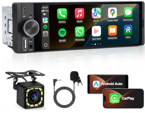 1 DIN Autoradio mit Wireless CarPlay & Android Auto, Auto Radio mit Bildschirm, GPS Navigation, FM, Bluetooth, Freisprecheinrichtung, Lenkradsteuerung, EQ, MirrorLink, AUX (6,36 Zoll & Rückfahrkamera)